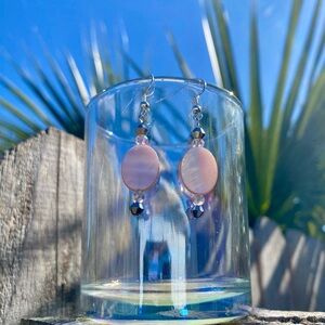 Pink Mother of Pearl and Silver crystal Dangle Earrings